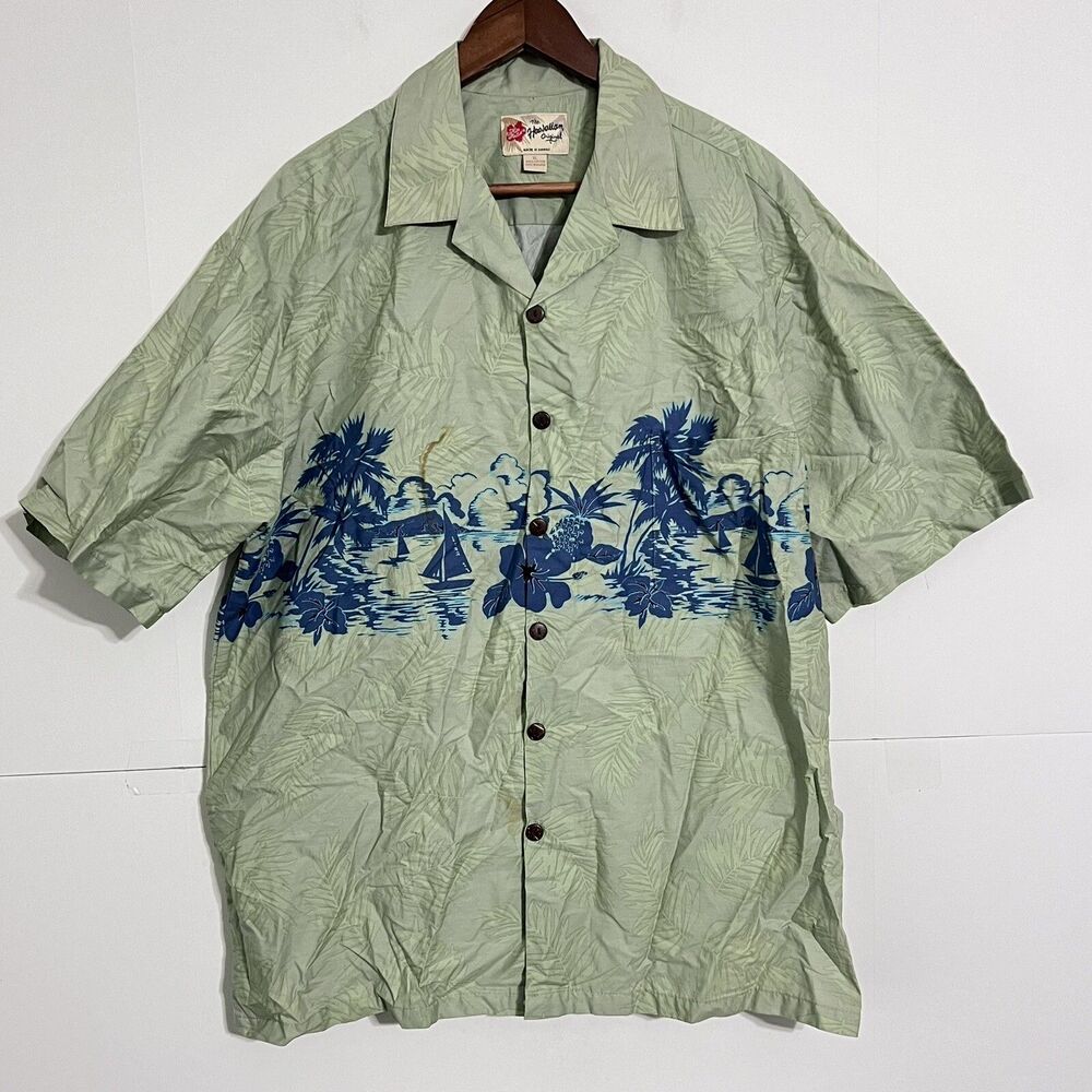 Vintage 90s Hilo Hattie Mens Shirt Size XL Green Floral Beach Made In Hawaii